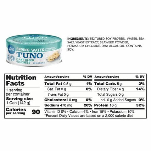 Loma Linda Spring Water TUNO 5 oz can, back of the label showing ingredients and nutrient facts.