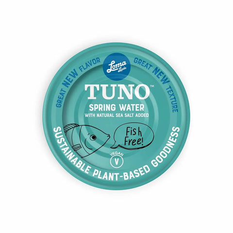 Loma Linda Spring Water TUNO 5 oz 1-pack, top of lid, vegan tuna alternative.