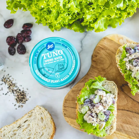 Loma Linda Spring Water TUNO served on bread appetizers as tuna salad, vegan tuna alternative.