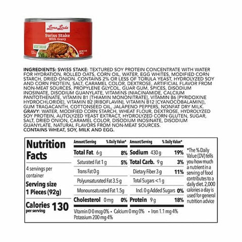 Swiss Stake with Gravy back of label showing nutritional information and ingredients list