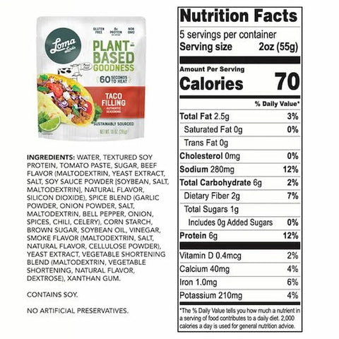 Taco Filling back of label showing nutritional information and ingredients list