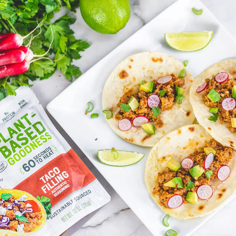 Taco Filling served with tortillas, avocado, and radish's