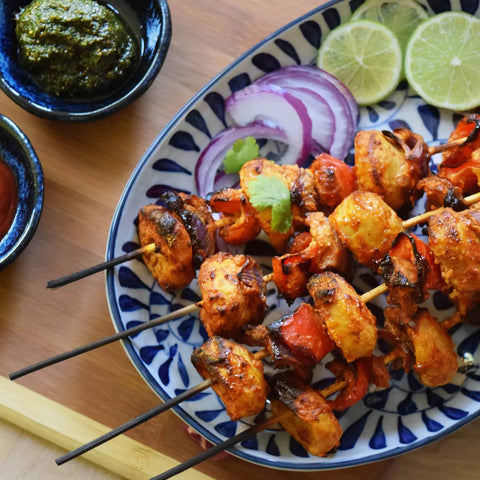 Tender Bits grilled and served on skewers as a plant-based entrée