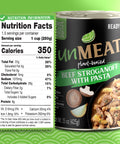 Can of 'unMEAT' plant-based beef stroganoff with pasta nutrition label on a green background