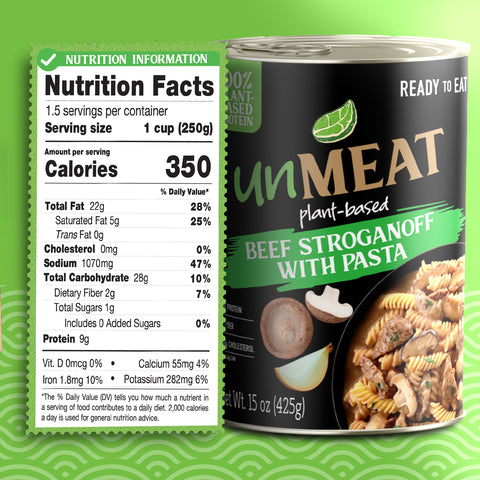Can of 'unMEAT' plant-based beef stroganoff with pasta nutrition label on a green background