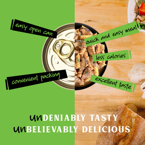 Split image with a can and beef stroganoff pasta dish on green and wooden backgrounds, respectively, with text highlighting benefits.