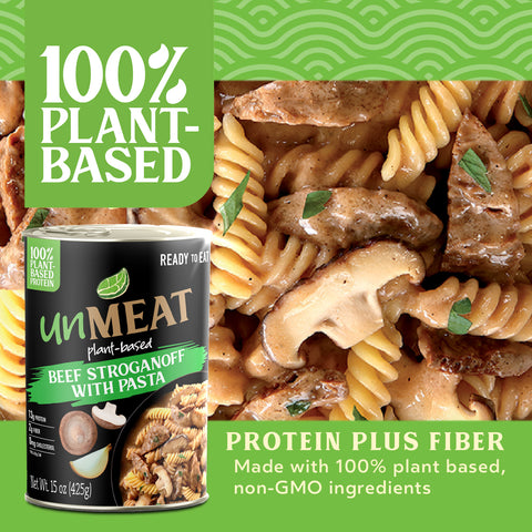 Canned plant-based beef stroganoff with pasta and protein and fiber labels on a green background