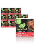 Twelve cans of UnMEAT plant-based luncheon burger-style product on a white background