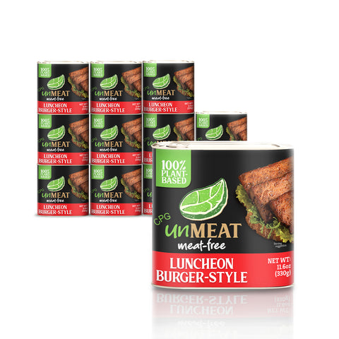 Twelve cans of UnMEAT plant-based luncheon burger-style product on a white background