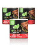 Three cans of UnMeat Luncheon Burger-Style on a white background
