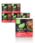 Six cans of UnMEAT plant-based luncheon burger-style product on a white background