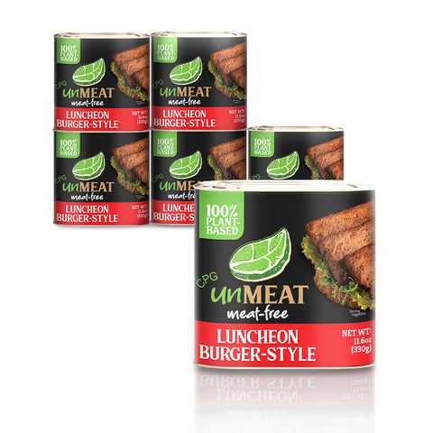 Six cans of UnMEAT plant-based luncheon burger-style product on a white background