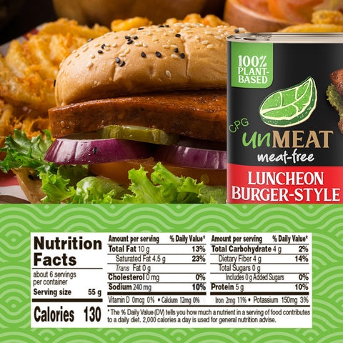 Unmeat plant-based luncheon burger style nutrition facts displayed.