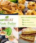 Collage of plant-based luncheon style burger meals with 'unMEAT Made Better' branding.