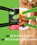 Luncheon style burger can and plate of food with text highlighting benefits on a green and wooden background.
