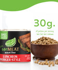 UnMeat meat-free luncheon burger-style product packaging with a bowl of soybeans and protein content on a white background.