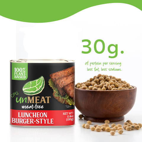 UnMeat meat-free luncheon burger-style product packaging with a bowl of soybeans and protein content on a white background.