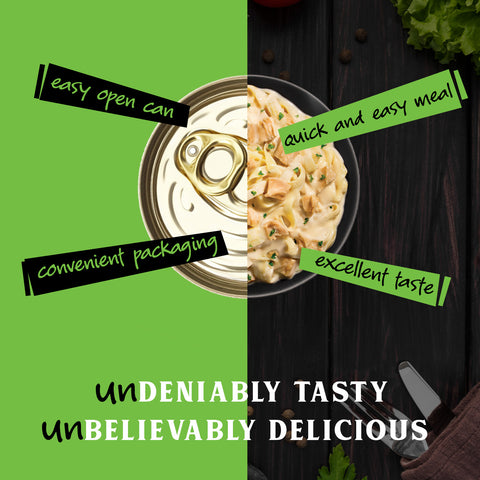 Split image of canned food with text highlighting convenience and taste and plated chicken and alfredo sauce on a dark background