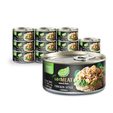 Twelve cans of UnMeat Chicken Style Chunks on a white background