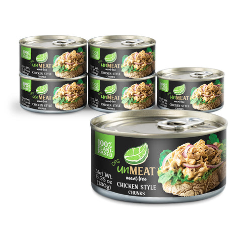 Six cans of 'unMEAT' chicken style chunks on a white background