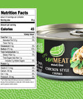 Can of 'UnMEAT' chicken style chunks with nutrition facts on a green background