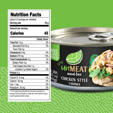 Can of 'UnMEAT' chicken style chunks with nutrition facts on a green background
