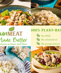 Collage of plant-based chicken style chunks dishes with 'unMEAT Made Better' branding and product features.