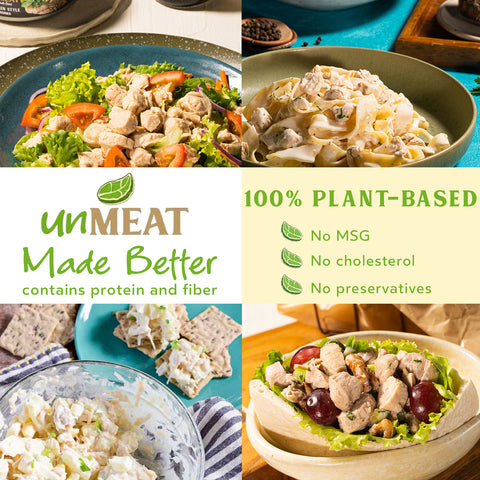 Collage of plant-based chicken style chunks dishes with 'unMEAT Made Better' branding and product features.