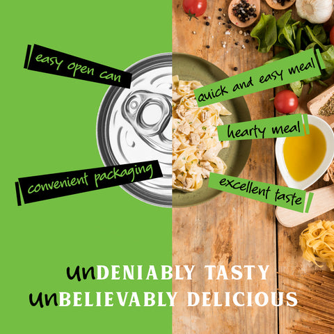 Split image with a can on one side and a chicken style chunks pasta meal setup on the other, with text describing the product.