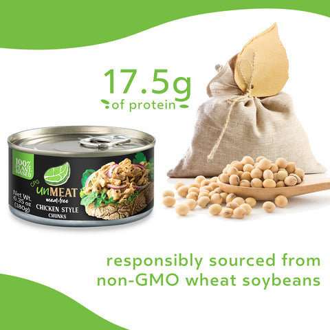 Canned chicken style chunks with protein label and bag of soybeans on a white background