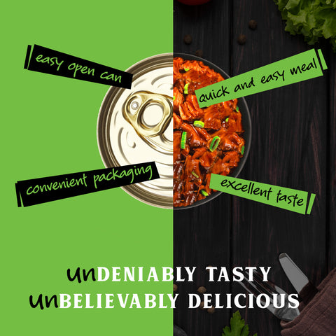 Split image with a can on one side and a bowl of plant-based chicken and teriyaki on the other, with text describing the product.