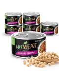 Six cans of UnMEAT plant-based chicken teriyaki on a white background with soybeans.