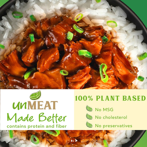 Plated dish of plant-based meat chicken teriyaki on rice with 'unMEAT' branding and key health benefits.