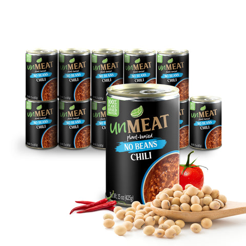 Twelve cans of 'UnMeat' plant-based no beans chili on a white background