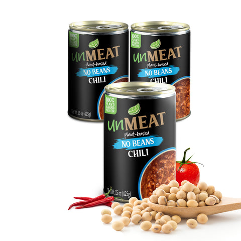 Three cans of 'unMEAT' plant-based no beans chili with ingredients on a white background