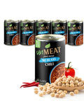 Six cans of 'UnMeat' no beans chili with ingredients on a white background