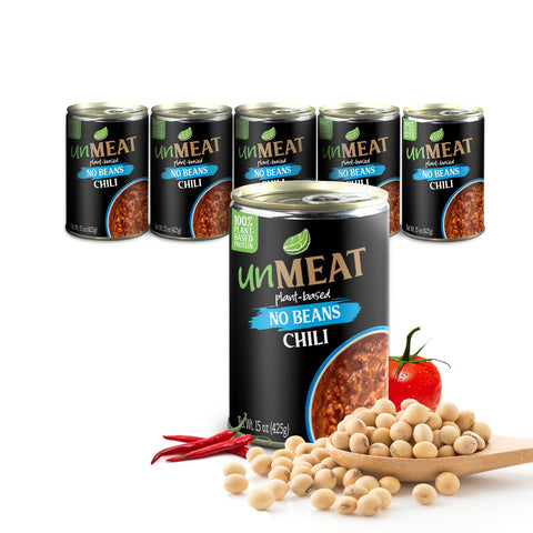 Six cans of 'UnMeat' no beans chili with ingredients on a white background