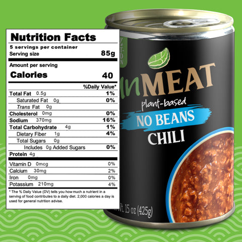 Can of UnMeat plant-based chili with no beans nutrition label on a green background