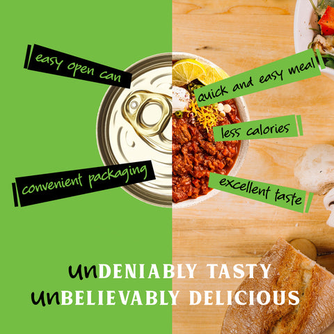 Split image with a can on one side and chili with no beans on the other, with text highlighting benefits.