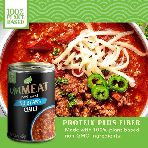 Can of 'unMEAT' plant-based no beans chili with chili dish in the background