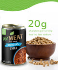 Can of 'UnMEAT' plant-based no beans chili with a bowl of soybeans and text highlighting protein content.