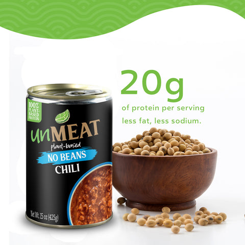 Can of 'UnMEAT' plant-based no beans chili with a bowl of soybeans and text highlighting protein content.