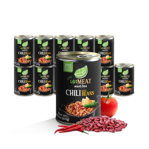 Twelve cans of 'UnMeat' chili with beans on a white background, surrounded by ingredients like red beans and a tomato.