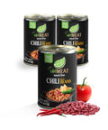 Three cans of 'unMEAT' meat-free chili with beans on a white background.