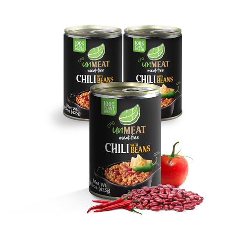 Three cans of 'unMEAT' meat-free chili with beans on a white background.