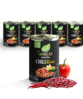 Six cans of 'UnMEAT' meat-free chili with beans on a white background