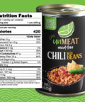 Can of UnMEAT meat-free chili with beans nutrition label on a green background