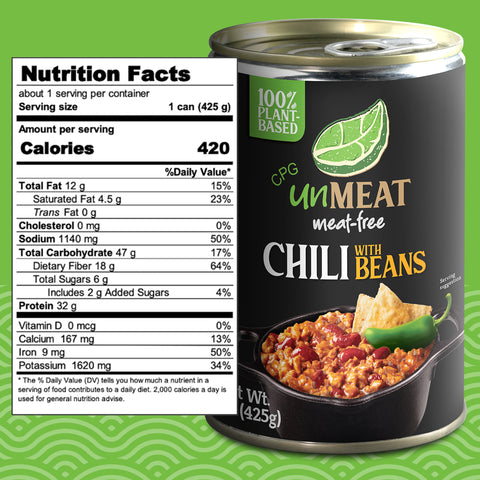 Can of UnMEAT meat-free chili with beans nutrition label on a green background