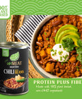 Canned chili with beans labeled 'unMEAT' alongside a bowl of chili with avocado and sour cream.