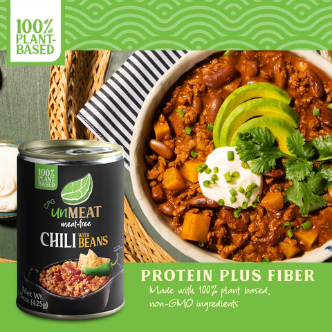 Canned chili with beans labeled 'unMEAT' alongside a bowl of chili with avocado and sour cream.